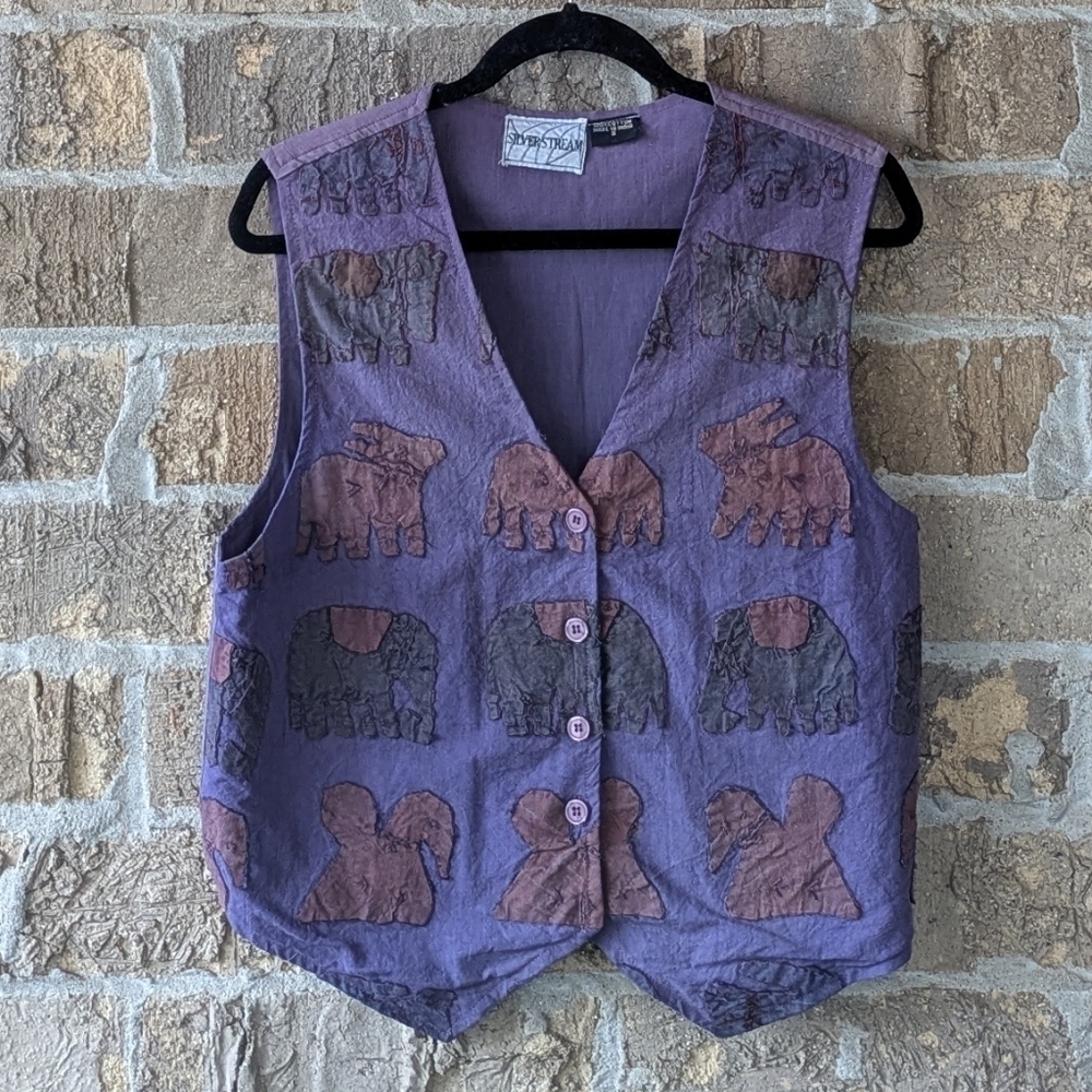 VTG 80s Silver Stream Purple Patchwork Animal Vest Size Small